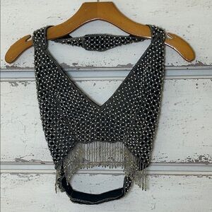 Western A.S.H.I Black Silver Beaded Halter Top Fringe Festival Boho
